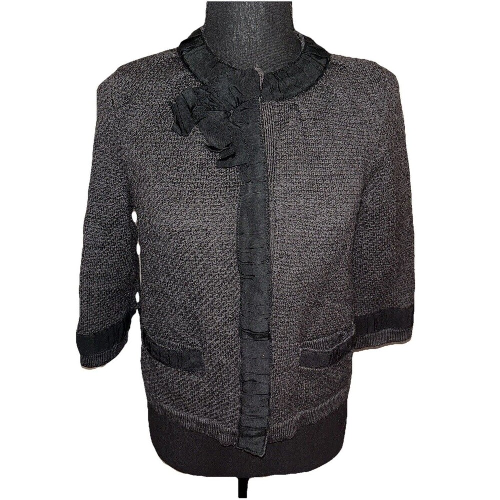 Ann Taylor Medium Cropped Extra Fine 100% Merino Wool Gray & Black Cardigan